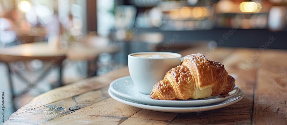 Aufkleber Breakfast consisting of coffee and a croissant, captured with a shallow depth of field in a copy space image.