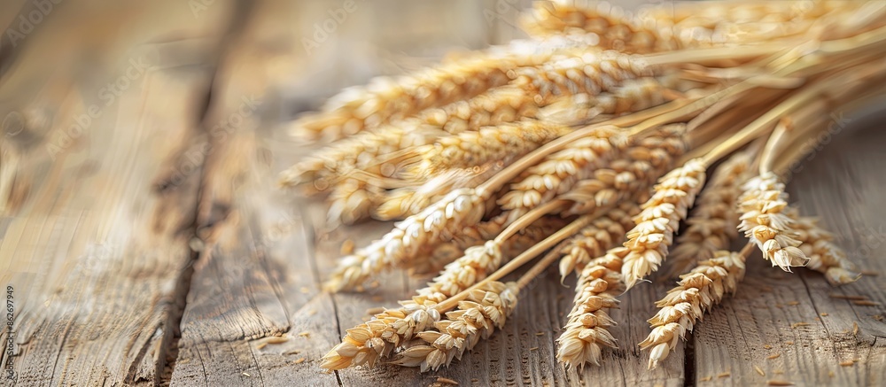 Aufkleber Wheat ears arranged on a rustic wooden surface with a sheaf of wheat providing a focal point in the background, creating a visual representation of the harvest theme with copy space image.