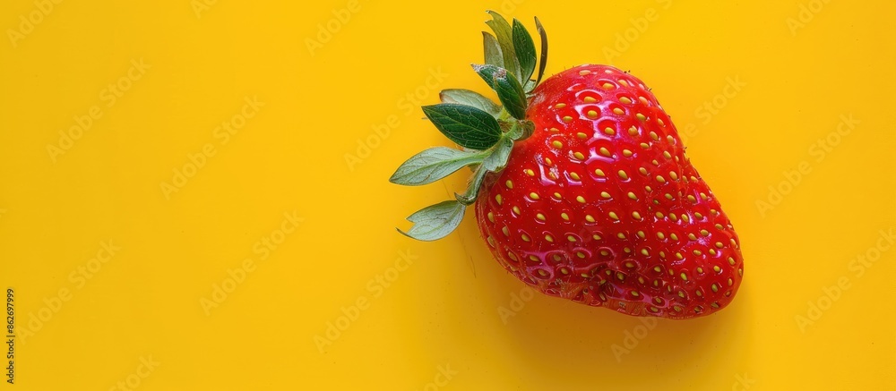 Poster top view of a fresh, ripe strawberry with a pattern on a yellow pastel background, providing ample c