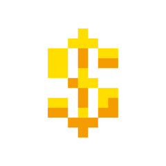 Obraz premium Dollar 8 bit icon, Dollar sign pixel item for game interface, Dollar sign game element resource.