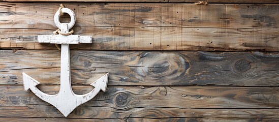 Decorative white anchor on wooden backdrop with copy space image.