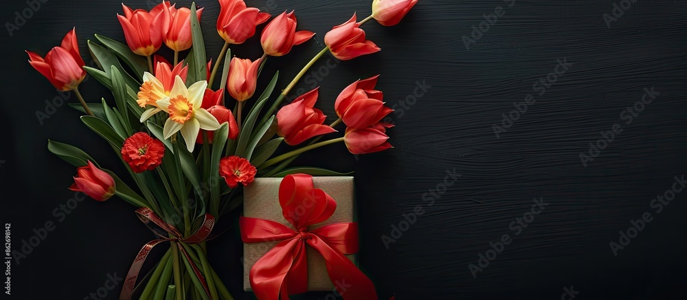Poster aerial view of a bouquet of red tulips and daffodils, accompanied by a gift box with a red ribbon, s