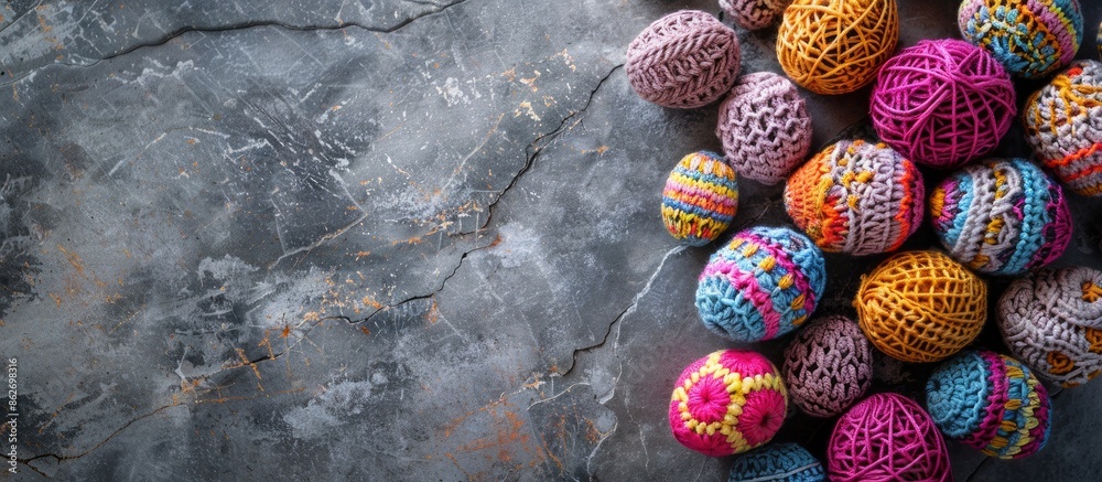 Aufkleber top view of colorful knitted easter eggs set against a stone background, showcasing a handmade holid