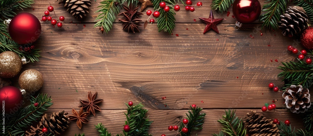 Leinwandbilder A Christmas card displaying festive decorations with a white empty space for your message set against a wooden backdrop. Copy space image. Place for adding text and design