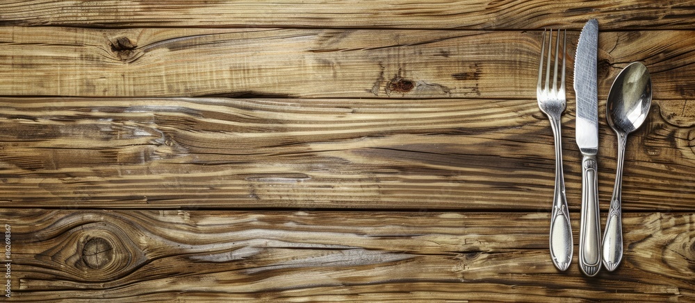 Leinwandbilder cutlery set rests on a wooden surface with space for additional content in the image.