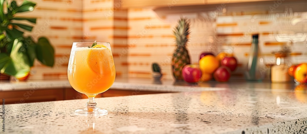 Poster Apple cider displayed in a glass on a terrazzo countertop with a blank space for additional content in the image.