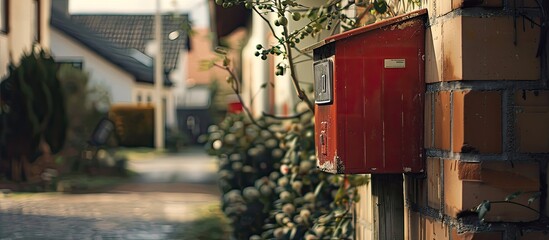 A blurred image of a red postbox on a wooden pole is placed for receiving mail conveniently at the front of a house with ample copy space.