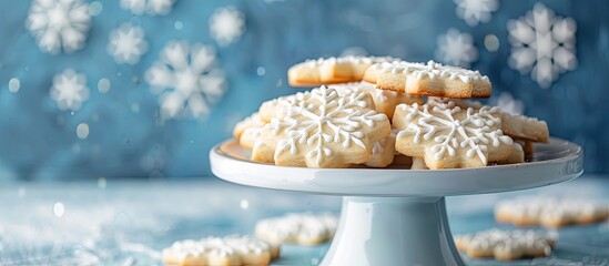 Snowflake stamped sugar cookies sit on a white cake stand, against a blue backdrop, providing a delightful copy space image.