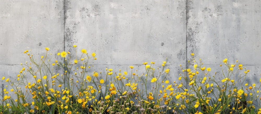 Leinwandbilder wild yellow flowers blooming alongside a concrete wall providing a unique backdrop with empty space 