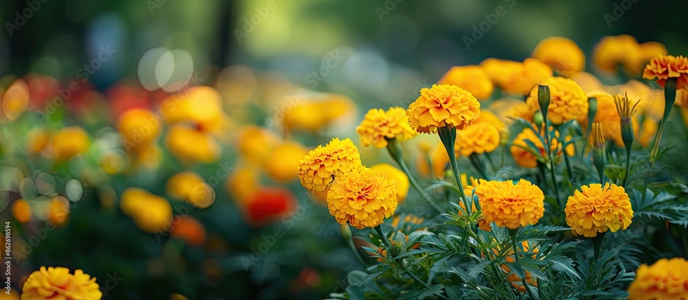 Aufkleber Selective focus on vibrant yellow marigolds in a flower bed with a blurred background ideal for text placement in a copy space image.