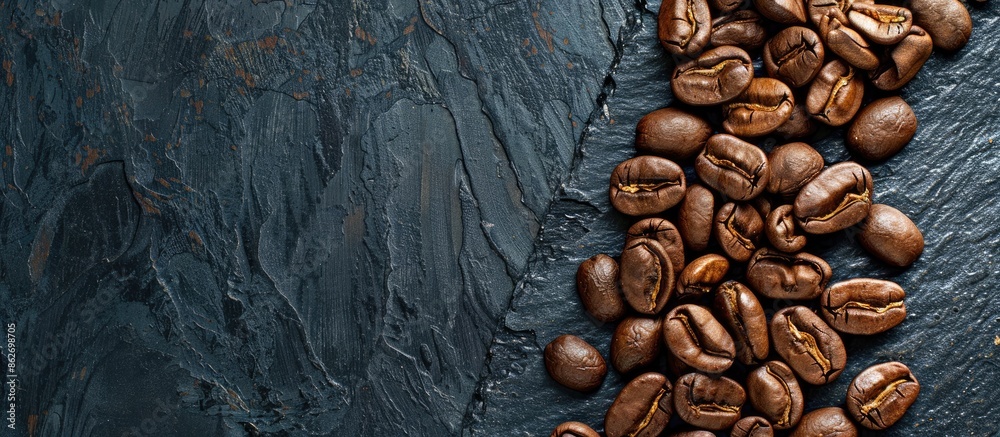 Aufkleber Flatlay view of coffee beans arranged on a black stone background with copy space image.