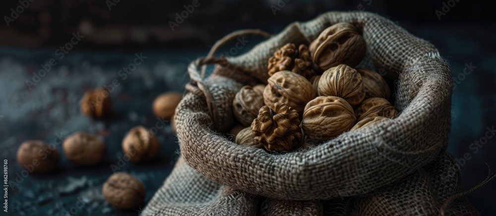 Aufkleber Dark and moody shot featuring a sack of walnuts with space for adding text or images. Copy space image. Place for adding text and design