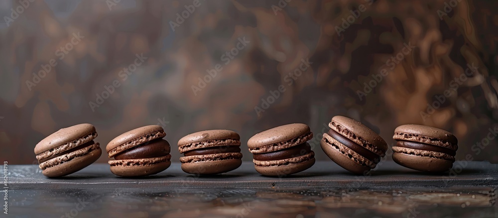 Poster A row of pastel brown chocolate macarons or macaroons arranged on a dark backdrop with ample copy space image.