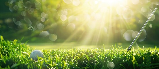 A high-quality photo showing golf clubs, a ball, on green grass under the everlasting sunbeams with...