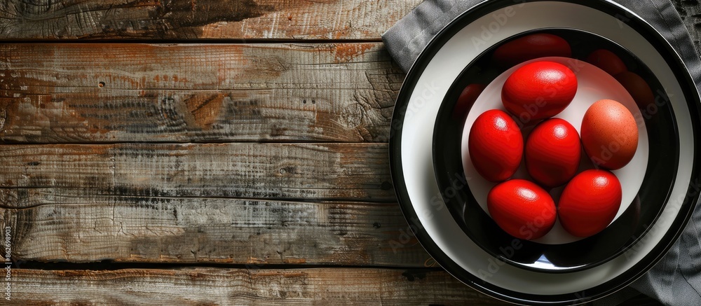 Poster Top-down view of red Easter eggs on black and white plates displayed on a rustic wooden table with a blank background for copy space image.