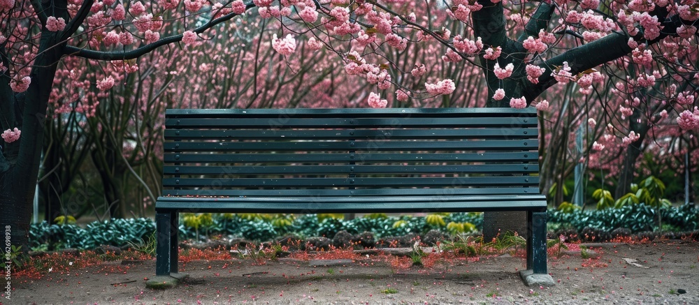 Aufkleber An empty bench with no people around in a garden, set against a backdrop of blossoming cherry blossom trees (sakura tree), with copy space image.
