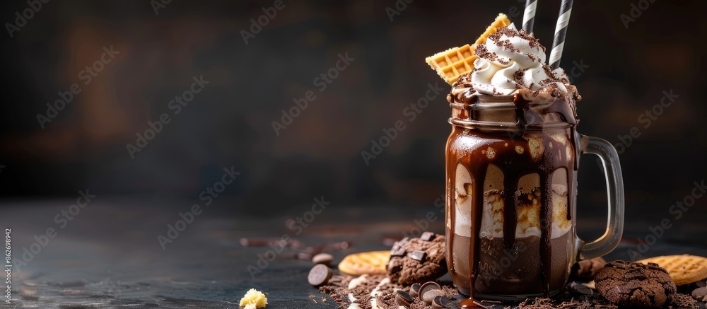 Poster indulgent chocolate milkshake topped with whipped cream, cookies, and waffles, presented in a mason 