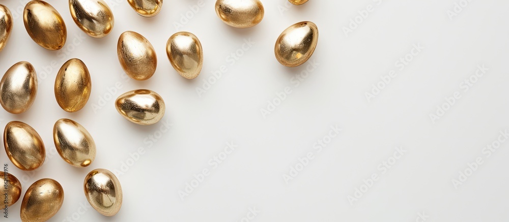 Poster minimalistic easter concept presented with golden eggs against a white backdrop, suitable for copy s