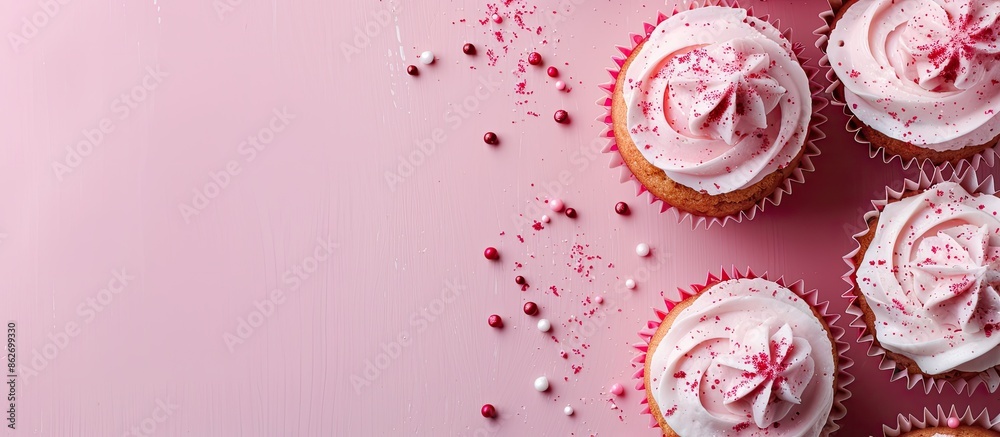 Poster cupcakes topped with pink and white frosting, perfect for a bakery advertisement with copy space ima