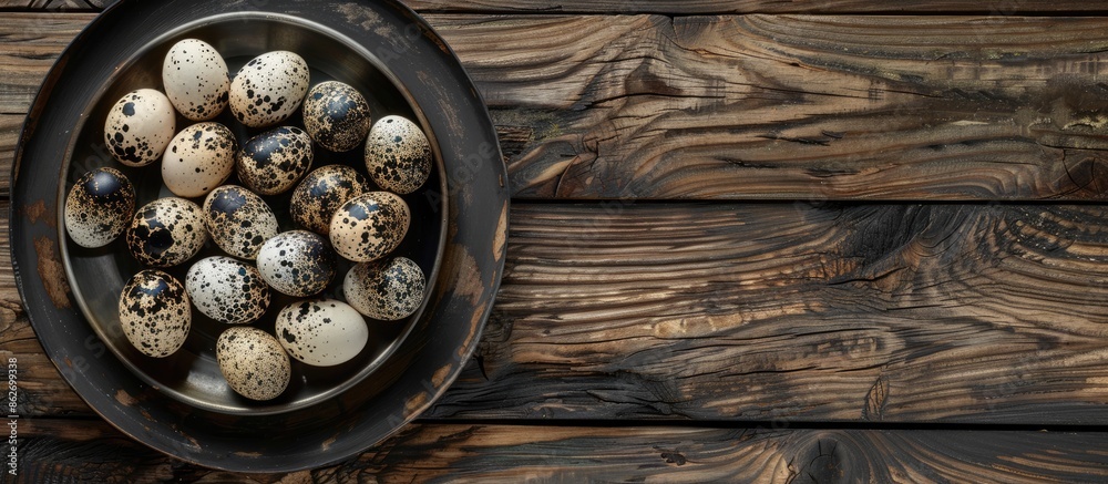 Poster top view of quail eggs on metal plate against wooden backdrop with copy space image.