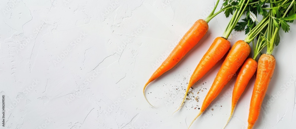 Poster orange carrots on white background with copy space image.
