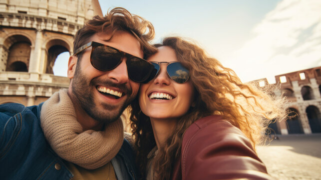 Couple selfie with the Colosseum in the background.