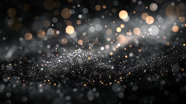 Abstract background of sparkling gold and silver glitter on a black surface.  Perfect for festive or celebratory designs.