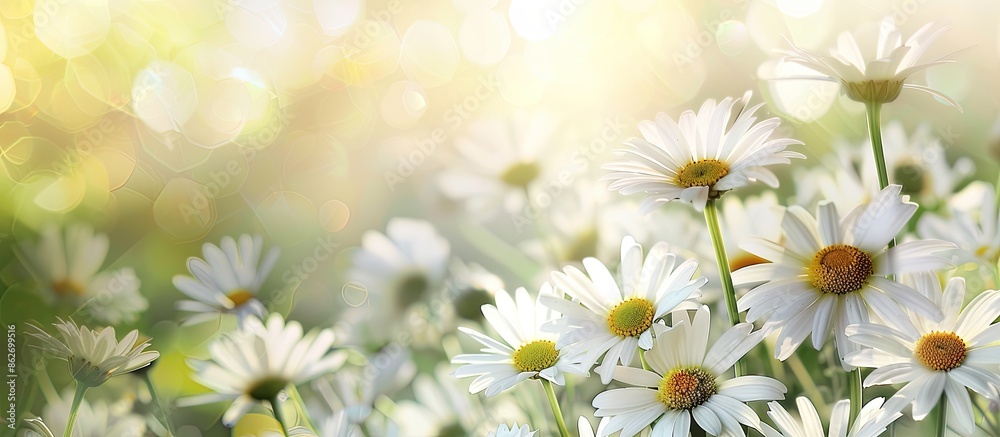 Poster A beautiful arrangement of daisies in a field with a light backdrop, perfect for a copy space image.
