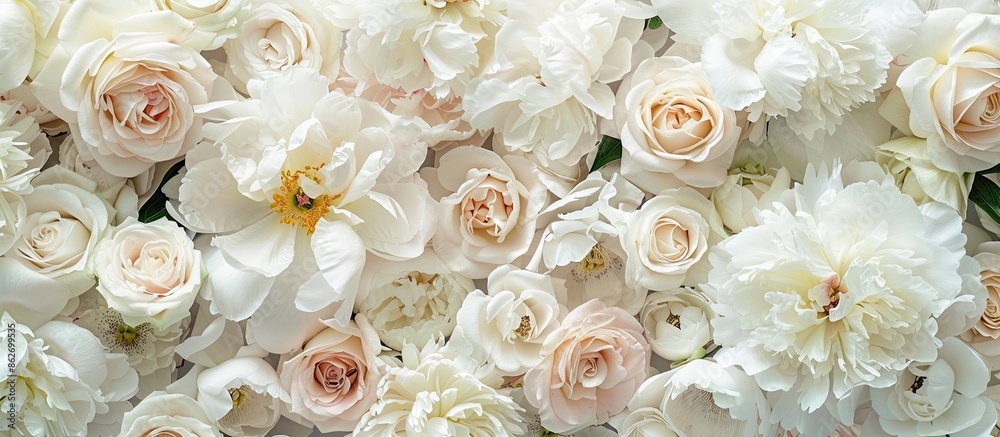 Aufkleber Blooming white peonies and roses in a garden with floral wallpaper. Modern color scheme symbolizing love. Ideal for a card or text with ample copy space image.