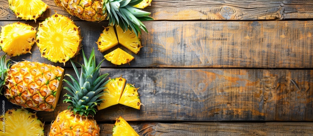Poster whole and sliced pineapple on a wooden surface with copy space image.