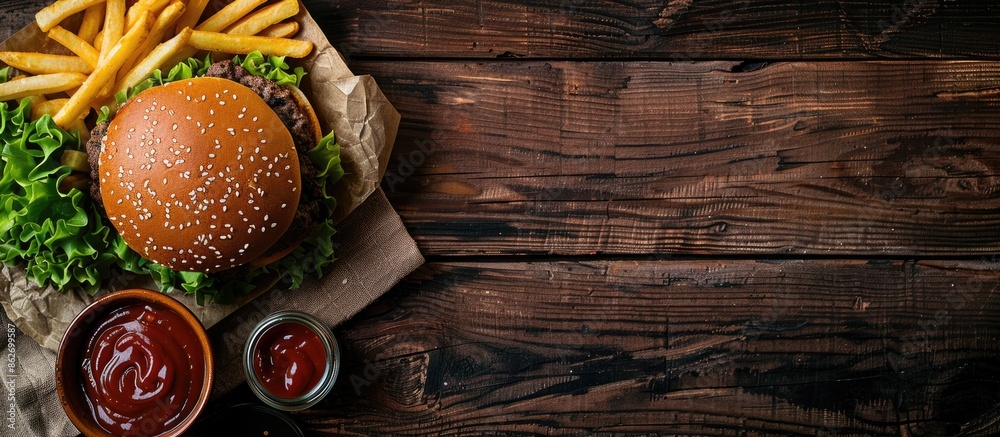 Poster a homemade burger and fries on a wooden table with a top view, featuring a copy space image.