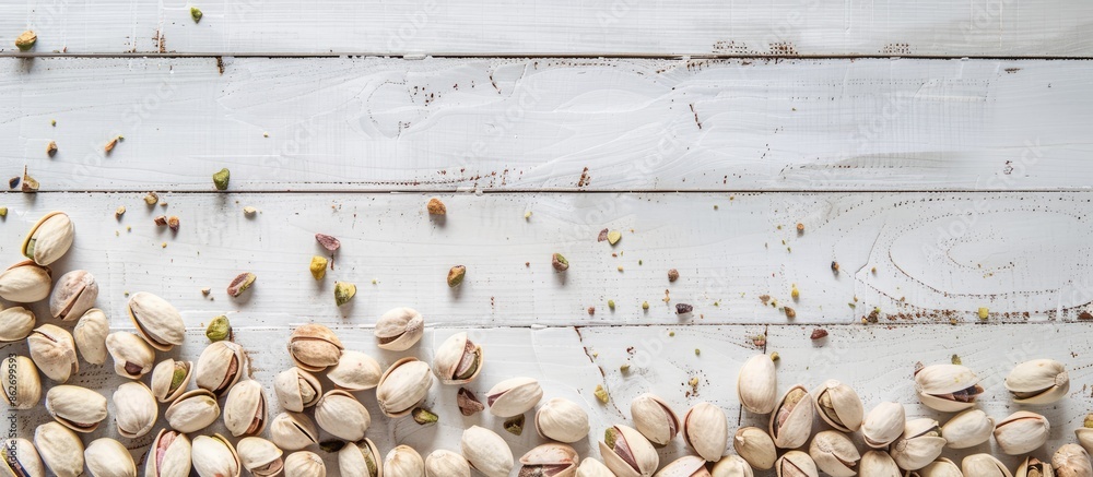 Poster top view of pistachios on a white wooden surface with ample copy space image.