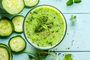 Obraz premium Cucumber smoothie in a glass cup on a wooden table. View from above.