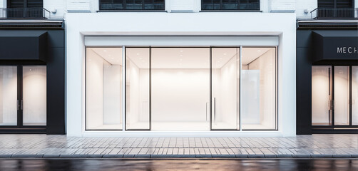 Frontal top view of the front of a modern and bright store in a shopping street of a city