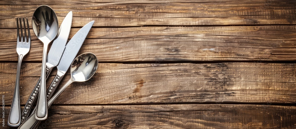 Leinwandbilder cutlery set rests on a wooden surface with space for additional content in the image.