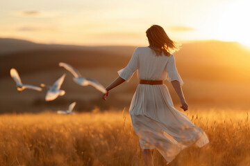 A woman in a flowing white dress walking through a field at sunset with birds flying around.