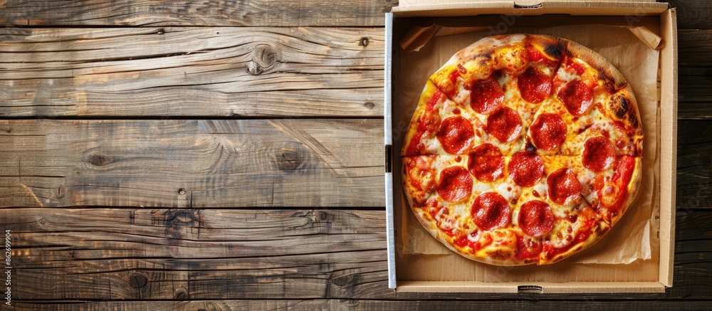 Poster top view of a pizza on a wooden surface in a cardboard box with ample copy space image, showcasing t