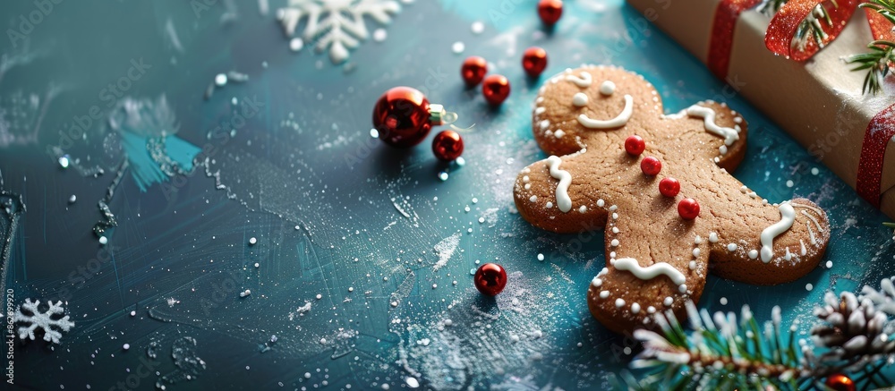 Poster a christmas-themed gingerbread cookie with festive decoration in a seasonal setting with copy space 