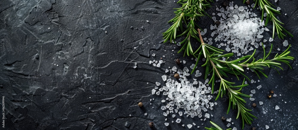 Poster Image with salt and rosemary on a dark surface with empty space for text. Copy space image. Place for adding text and design