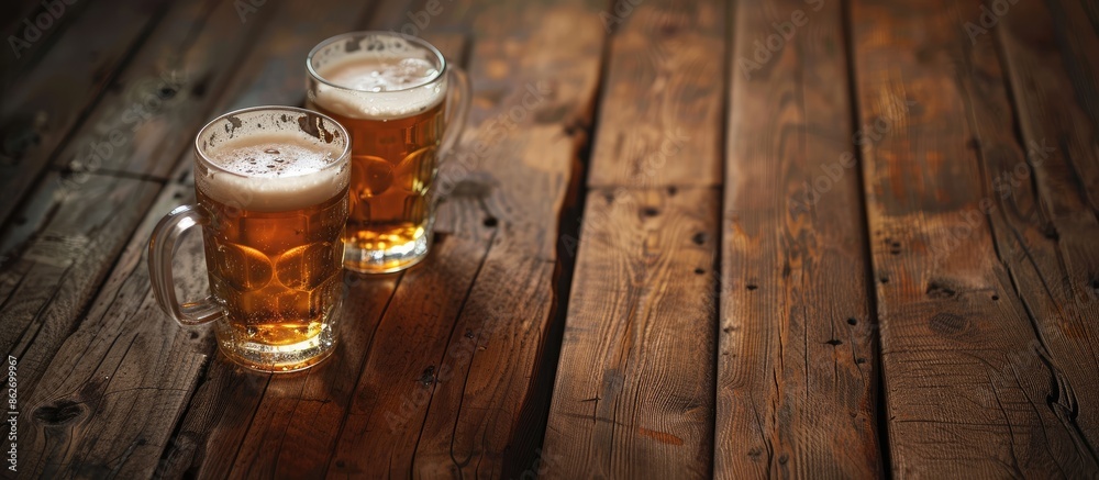 Poster close-up view of beer mugs on wood table with copy space image.