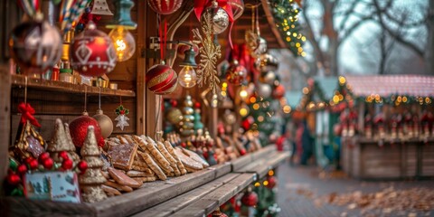Naklejka premium Christmas Market Stall Displaying Ornaments and Treats
