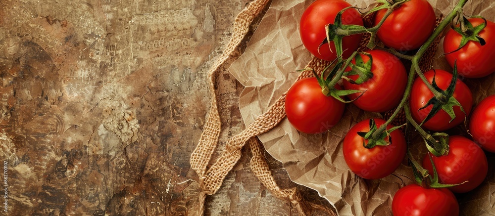 Poster top view of fresh red tomatoes on a rustic brown paper background with a burlap ribbon, perfect for 