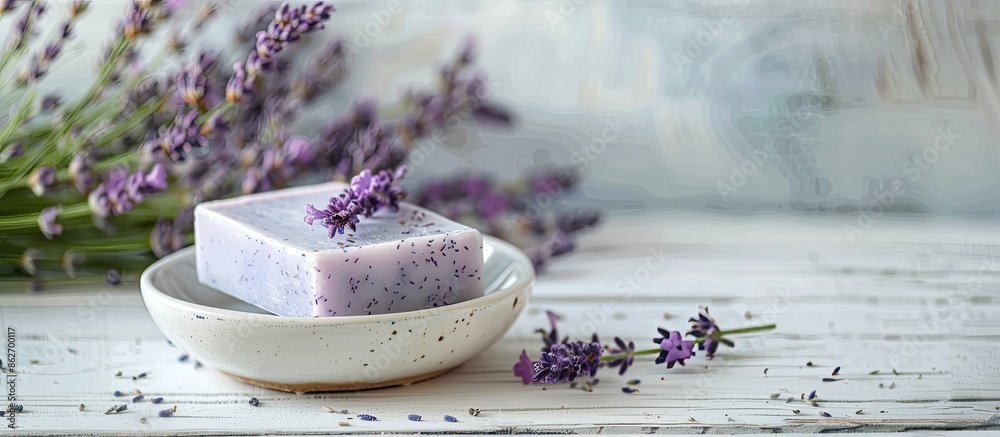 Aufkleber handcrafted lavender soap displayed on a white wooden table with ample copy space image.