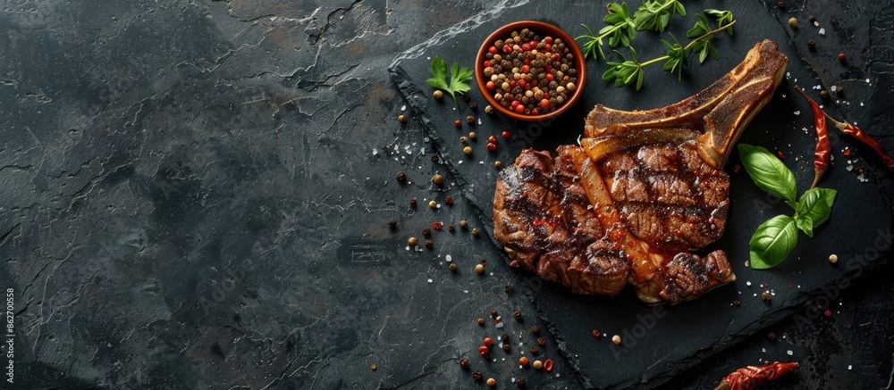 Poster A sizzling steak seasoned with spices, displayed on a stone backdrop, with room for text in the image. Copy space image. Place for adding text and design