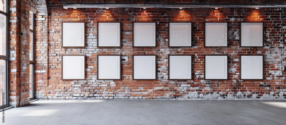Fototapete modern art gallery displaying frames with blank canvases on a brick wall, providing copy space image