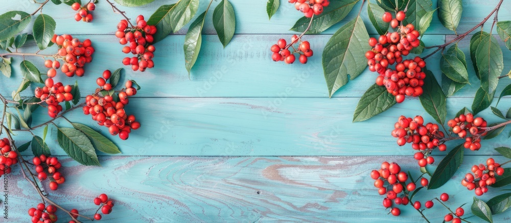 Poster Ripe rowan berries and green leaves arranged on a light blue wooden table in a flat lay composition with room for text in the image. Copy space image. Place for adding text and design