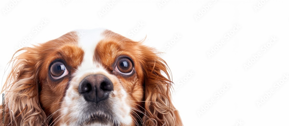 Poster adorable cavalier spaniel portrait against a white background with available copy space image.
