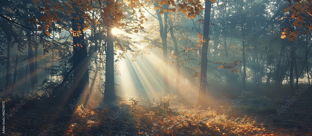 Aufkleber Afternoon sunbeams shining through trees, creating autumn vibes in a captivating copy space image.
