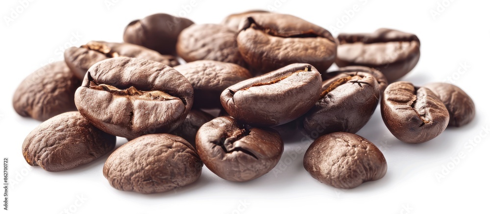 Poster close-up studio shot of coffee beans isolated on a white background, creating an intriguing copy spa