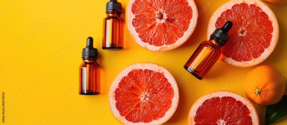 Aufkleber essential oil bottles and grapefruit slices on a vibrant yellow backdrop with copy space image.